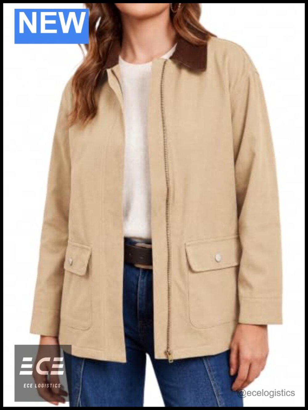 Womens Oversized Utility Jacket Trench Coat with Pockets Zip Corduroy Collar